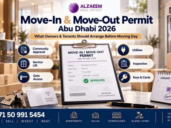 Move-in and move-out permit Abu Dhabi 2026 guide showing community approval, service lift booking, gate access, utilities, inspection and keys