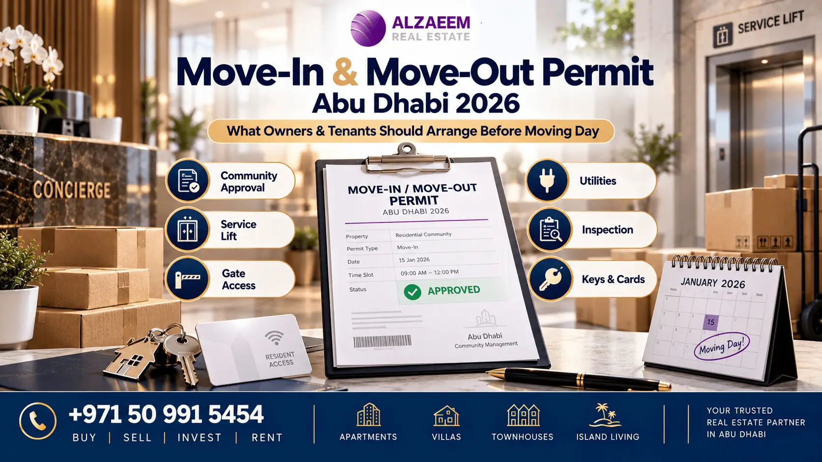 Move-in and move-out permit Abu Dhabi 2026 guide showing community approval, service lift booking, gate access, utilities, inspection and keys