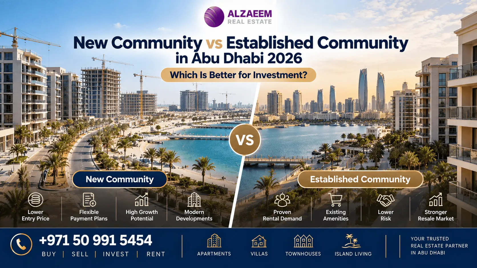 New community vs established community in Abu Dhabi 2026 comparison showing construction-stage development, mature waterfront living, rental demand and investment potential