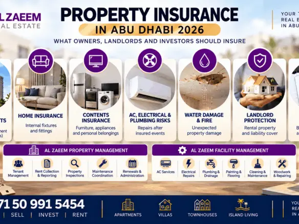 Property insurance in Abu Dhabi 2026 covering building insurance, home insurance, contents, landlord protection, water damage, AC risks and mortgage insurance