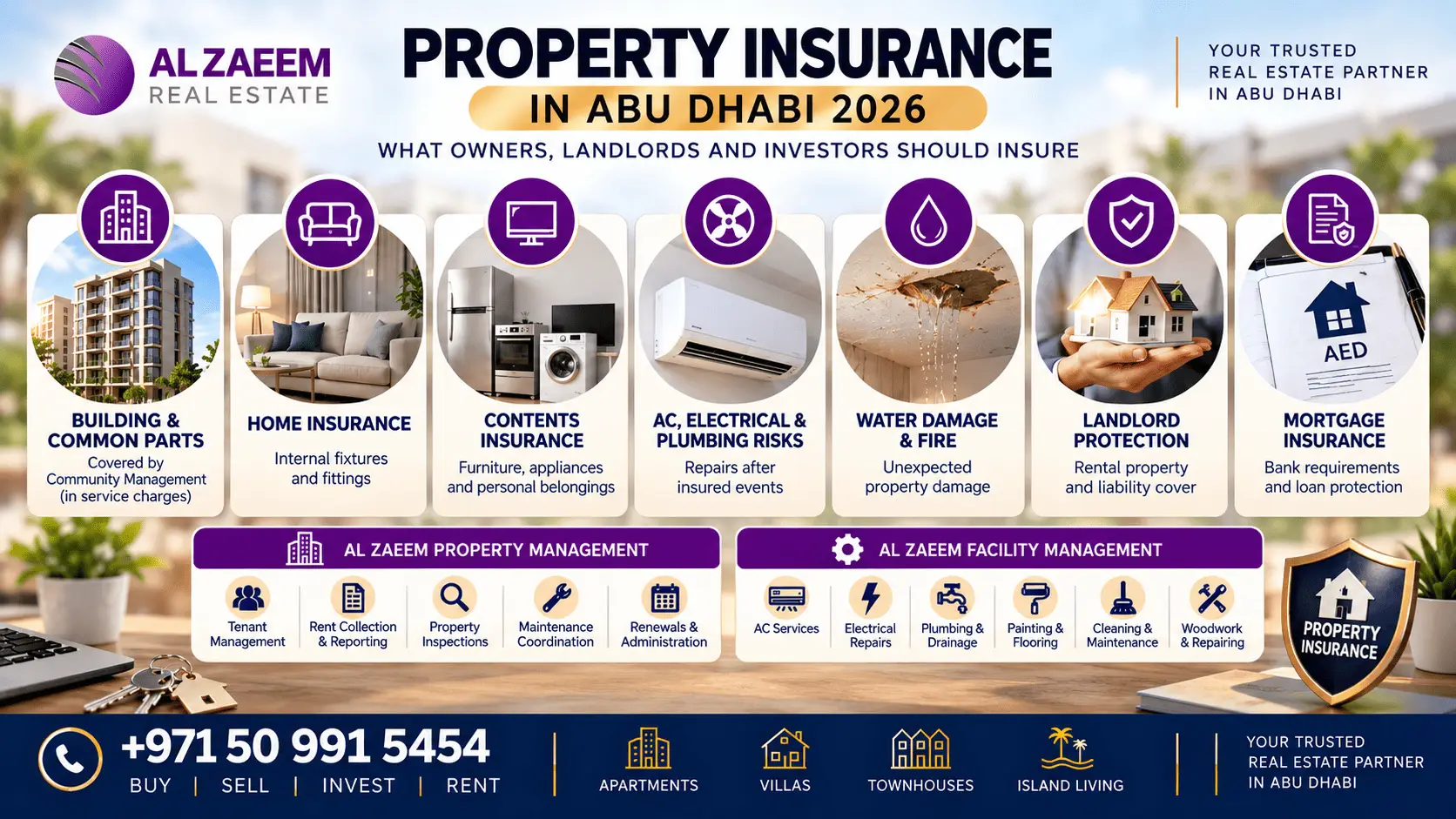 Property insurance in Abu Dhabi 2026 covering building insurance, home insurance, contents, landlord protection, water damage, AC risks and mortgage insurance