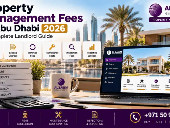 Property management fees in Abu Dhabi 2026 showing management fee, leasing charges, renewal fees, maintenance costs, inspection fees and reporting services