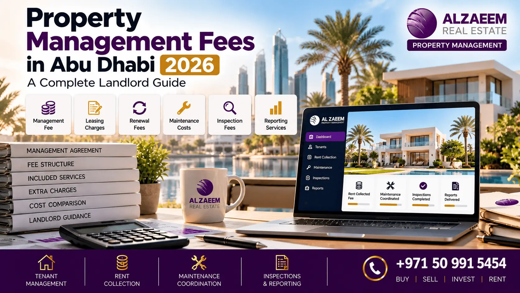 Property management fees in Abu Dhabi 2026 showing management fee, leasing charges, renewal fees, maintenance costs, inspection fees and reporting services