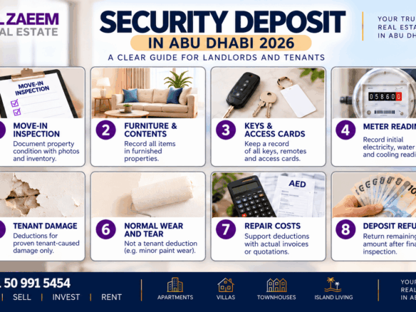 Security deposit Abu Dhabi 2026 guide showing move-in inspection, furniture inventory, keys, meter readings, tenant damage, normal wear, repair costs and deposit refund