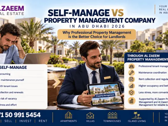 Self-manage vs professional property management in Abu Dhabi 2026 showing landlord workload, tenant management, maintenance coordination, rent collection and Al Zaeem Property Management services