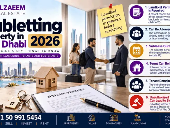 Subletting property in Abu Dhabi 2026 guide covering landlord permission, sublease duration, tenant responsibility, contract terms and unauthorized subletting risks