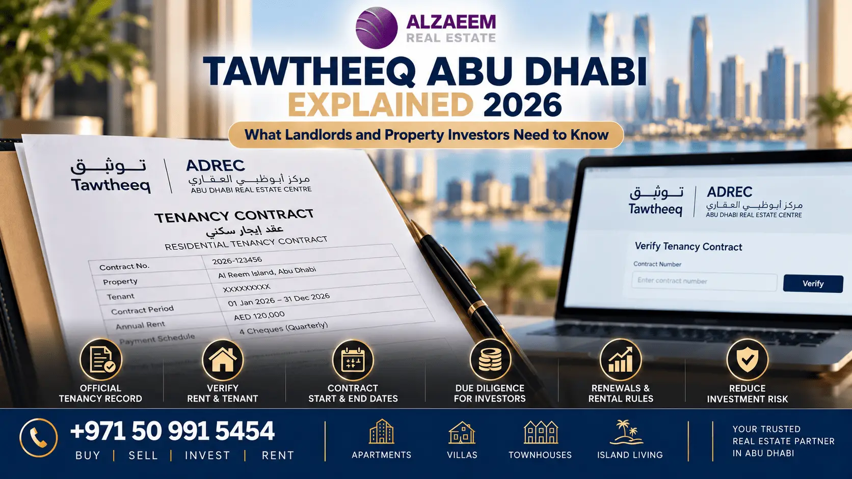 Tawtheeq Abu Dhabi 2026 guide for landlords and property investors showing tenancy contract verification, rental records, contract dates and due diligence